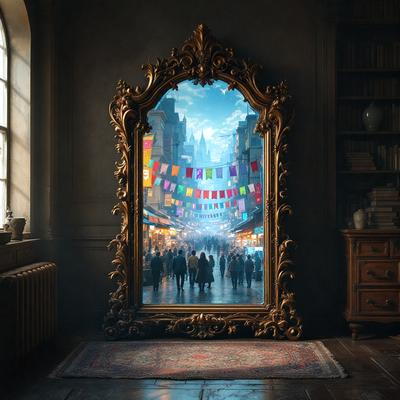 The primary subject of the image is a large mirror that reflects a scene of people walking down a street. The mirror is placed in a room with a rug on the floor. The setting is indoors, with a bookshelf visible in the background. The visual style appears to be a combination of photo and digital art, creating a unique and intriguing image. The colors and mood of the scene are predominantly dark, with the mirror reflecting the streetlights and the overall atmosphere being somewhat mysterious and captivating.